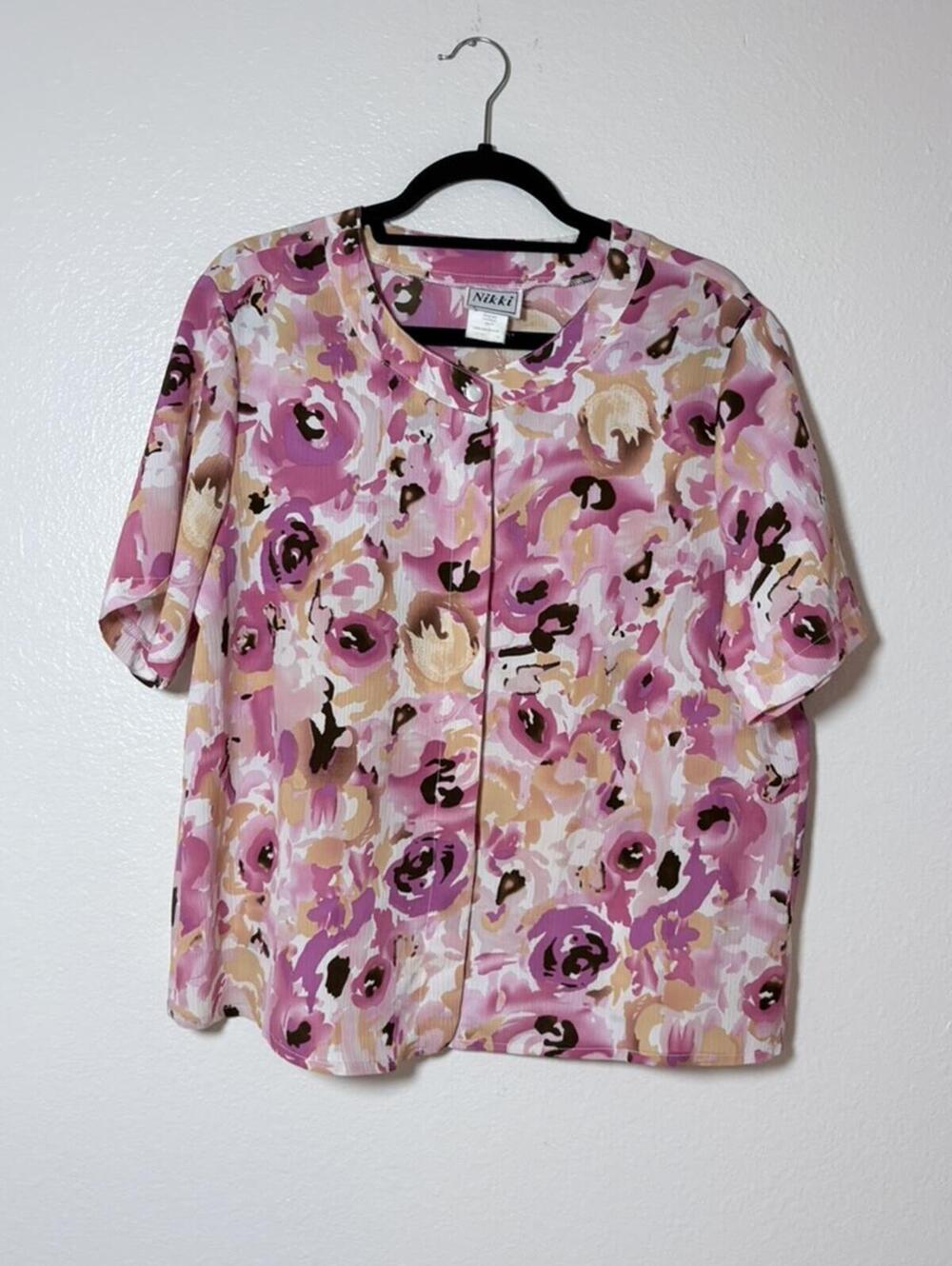 Nikki Floral Blouse  14 Pink Purple Abstract Rose Print Short Sleeve 100% Poly